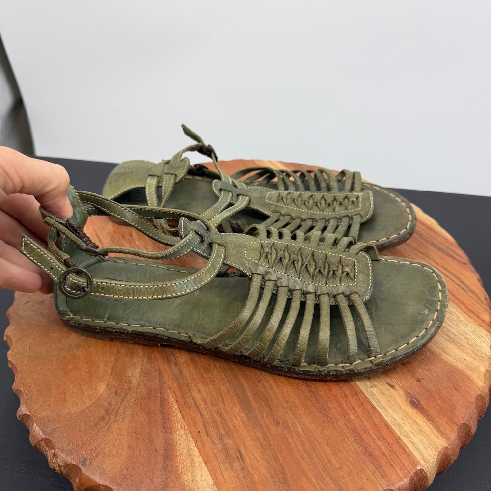 Frye Kayla Huarache Sandal Womens 10 Green Leather Woven Ankle Strap 78230